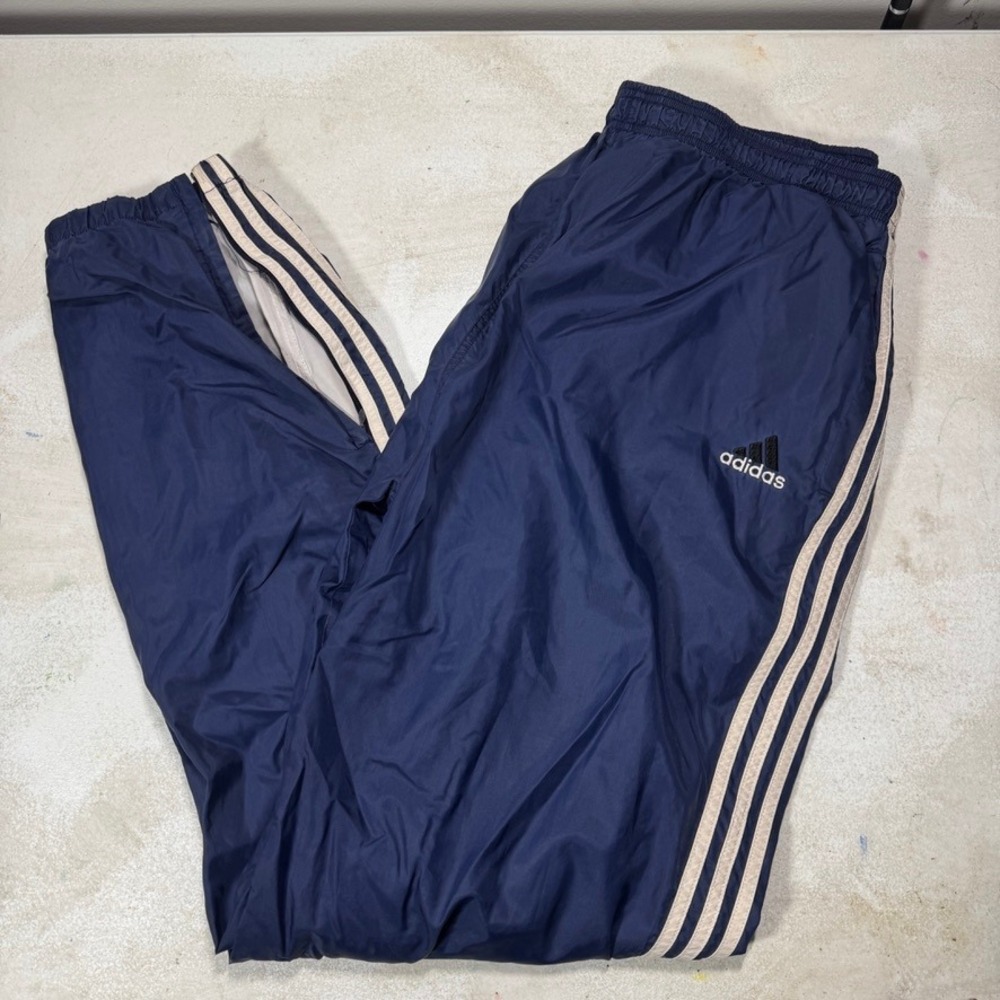 Adidas Vintage Navy Blue Track Pants White 3 Stripe Windbreaker Mens XXL 90s